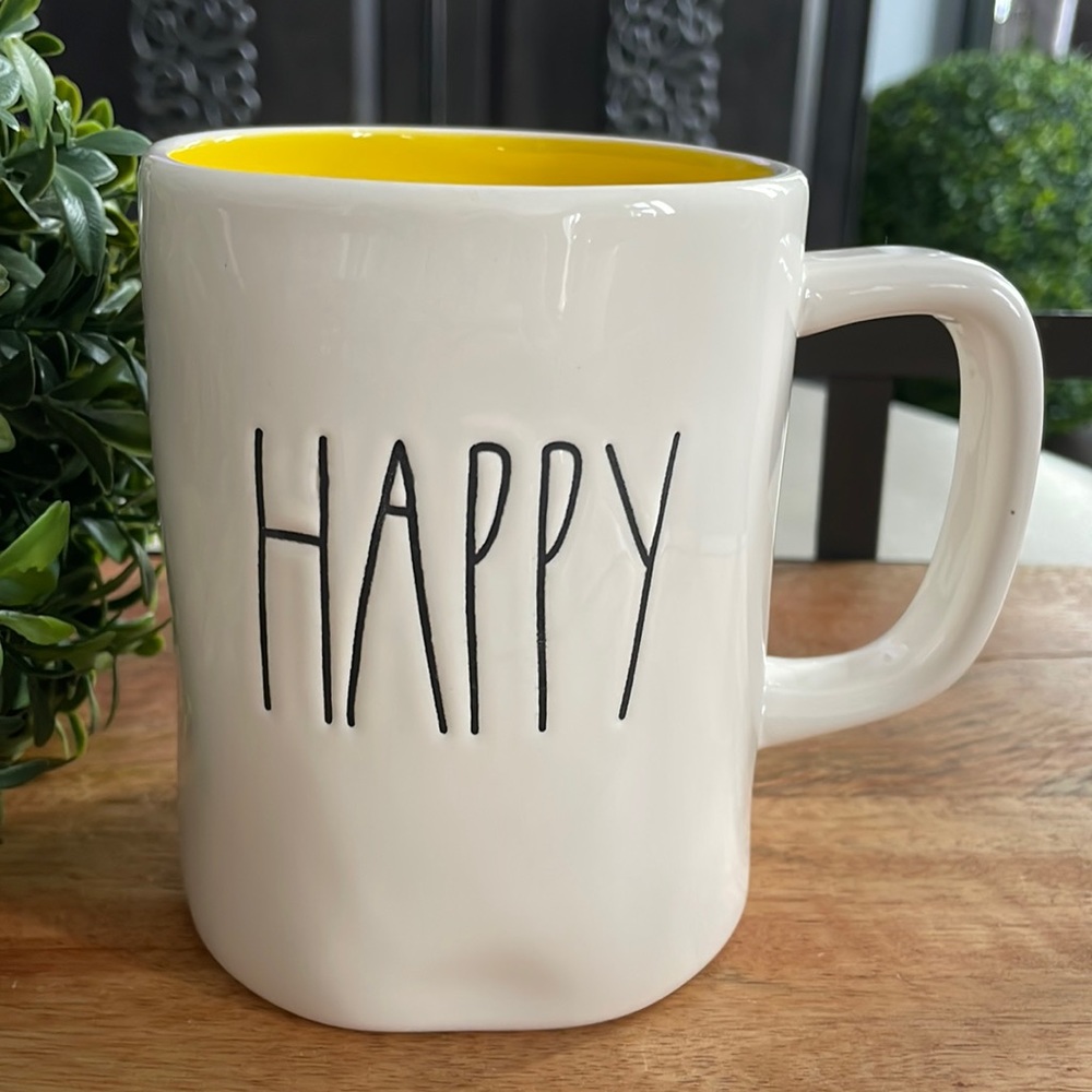 Rae Dunn HAPPY Mug Yellow Inside